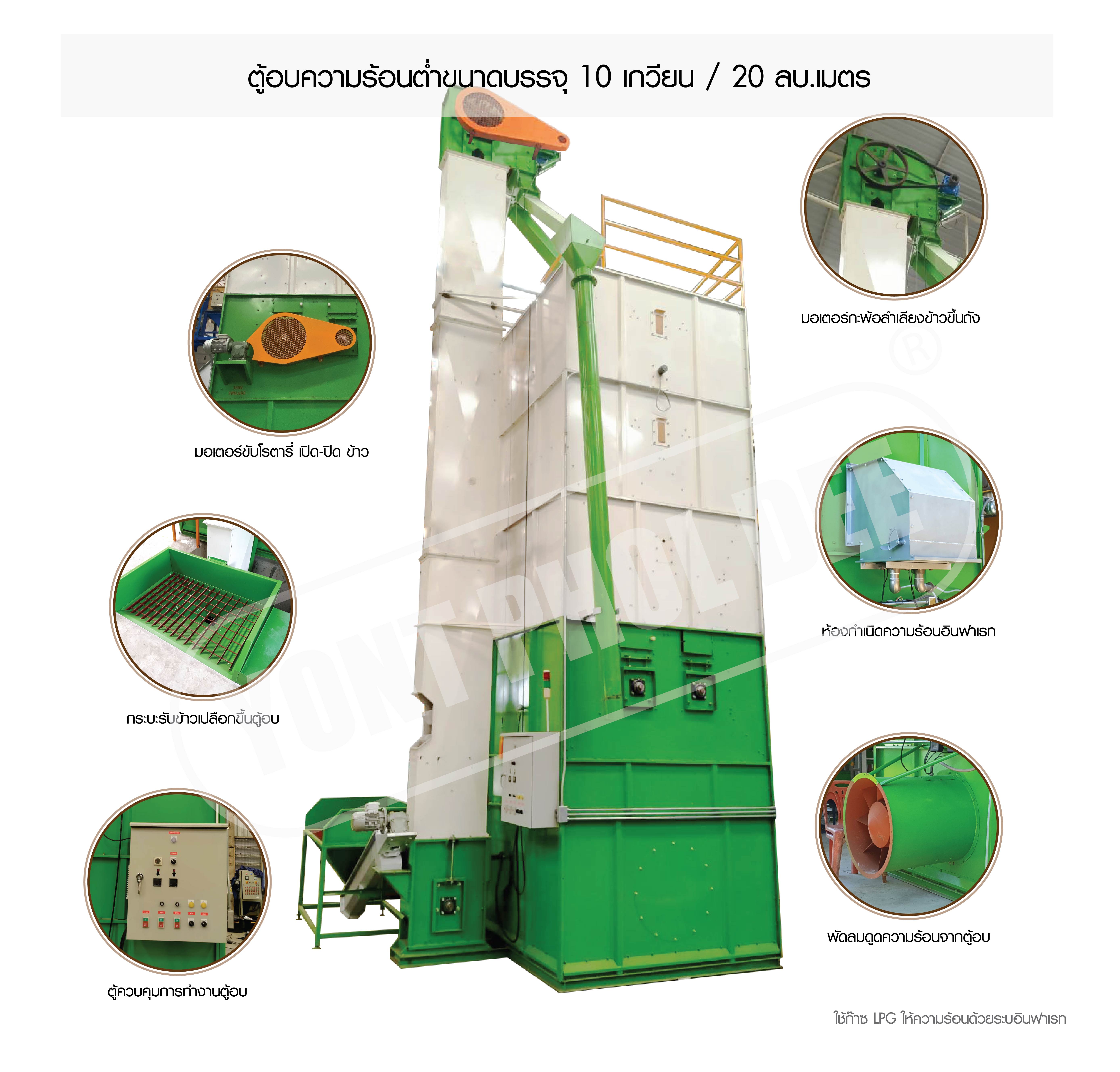 ตู้อบความร้อนต่ำขนาดบรรจุ 10 เกวียน / 20 ลบ.เมตร ใช้ก๊าซ LPG ให้ความร้อนด้วยระบบอินฟาเรท