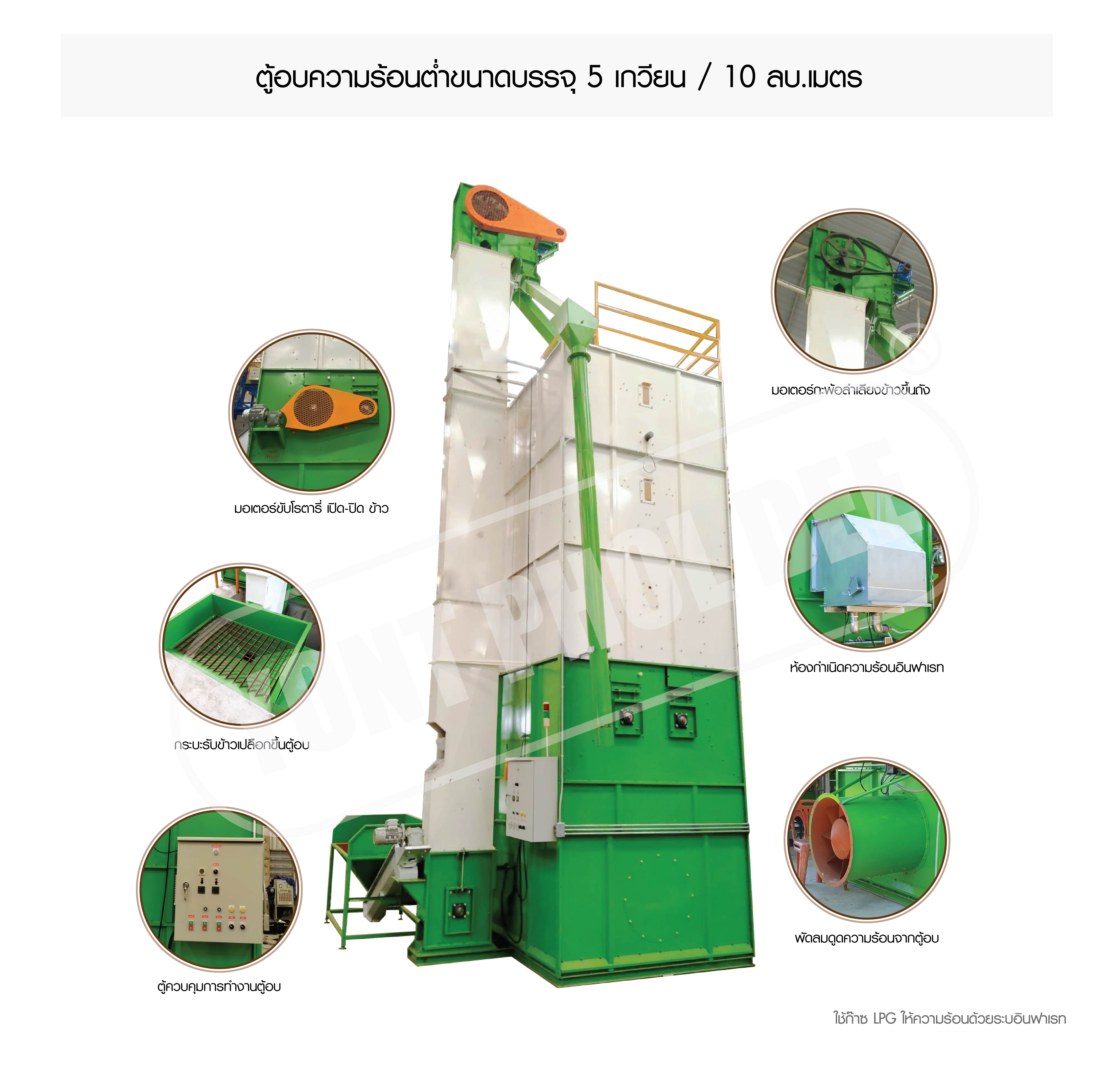 ตู้อบความร้อนต่ำขนาดบรรจุ 5 เกวียน / 10 ลบ.เมตร ใช้ก๊าซ LPG ให้ความร้อนด้วยระบบอินฟาเรท